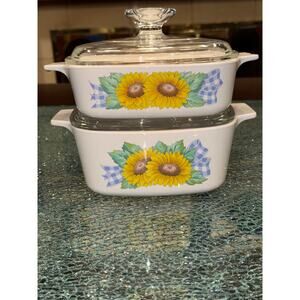 4pc Vintage Corningware “Sunsation” Set A-1-B 1QT A-1.5-B 1.5QT W/ Pyrex Lids